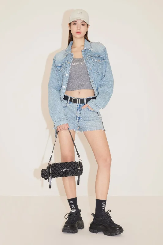 Colour Block Woven Belt Patchwork Denim Shorts