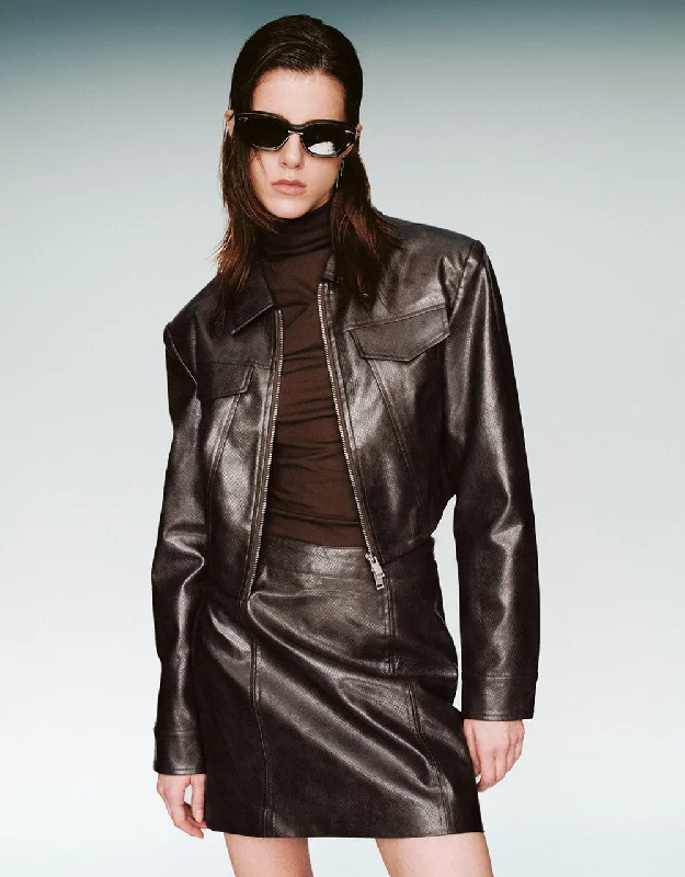 Cropped Zipper Front Vegan Leather Jacket