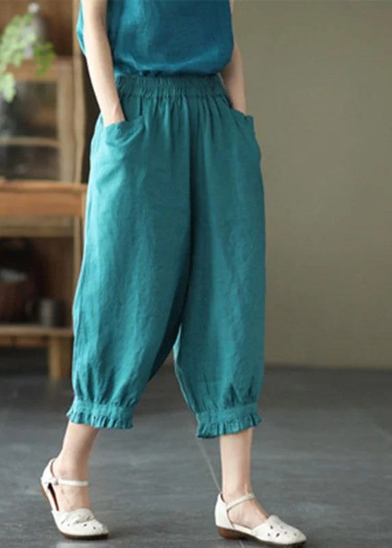 Fitted Green Elastic Waist Pockets Harem Pants Linen