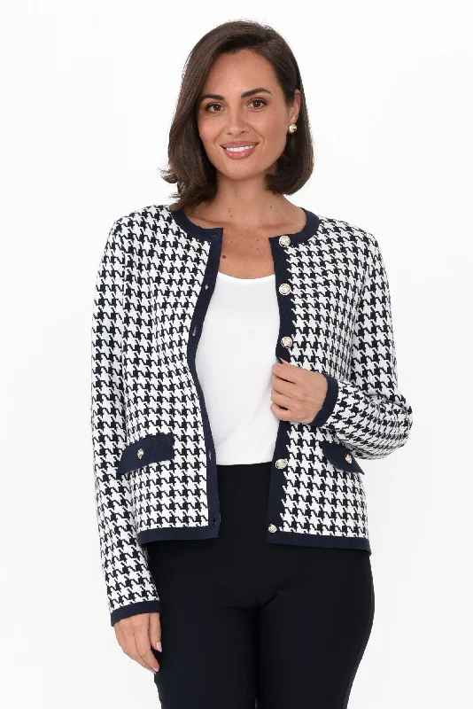 Lady Navy Houndstooth Cotton Blend Cardigan