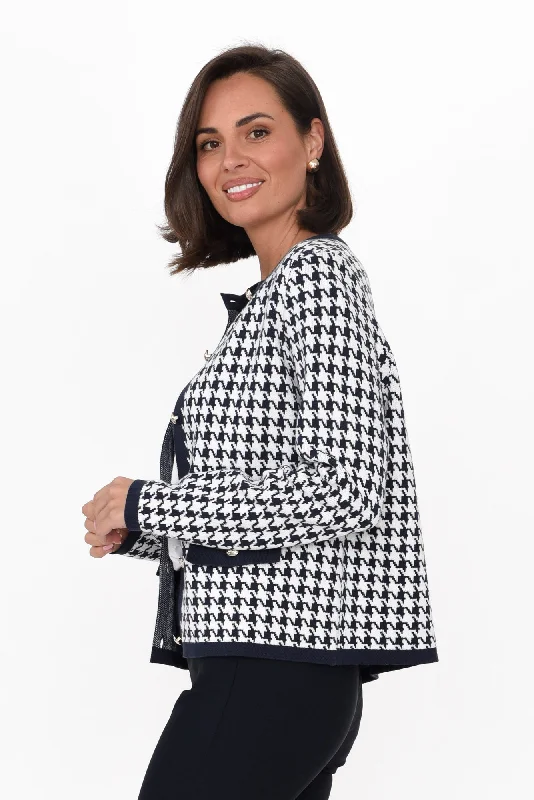 Lady Navy Houndstooth Cotton Blend Cardigan