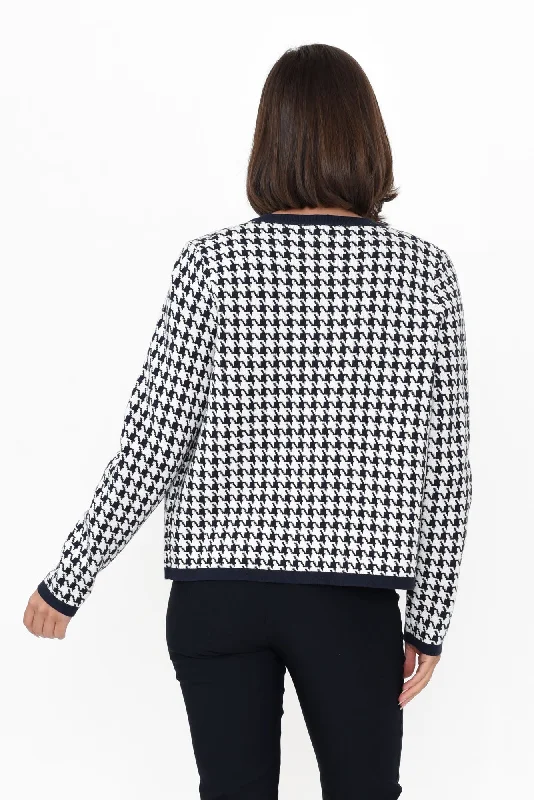 Lady Navy Houndstooth Cotton Blend Cardigan