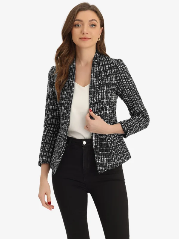 Long Sleeve Open Front Work Office Jackets Plaid Tweed Blazer