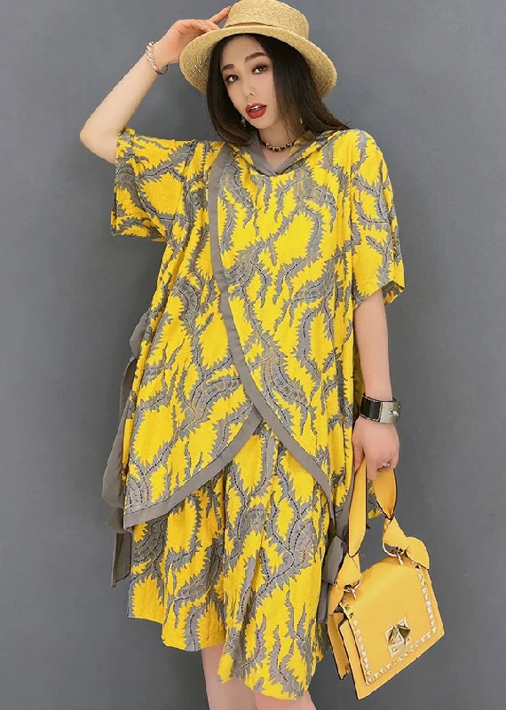 Plus Size Yellow Hooded Patchwork Print Tops And Shorts Two Pieces Set Summer