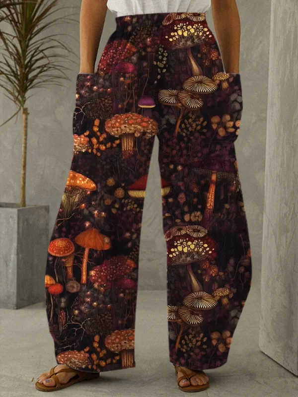 Retro Mushroom Print Casual Pants