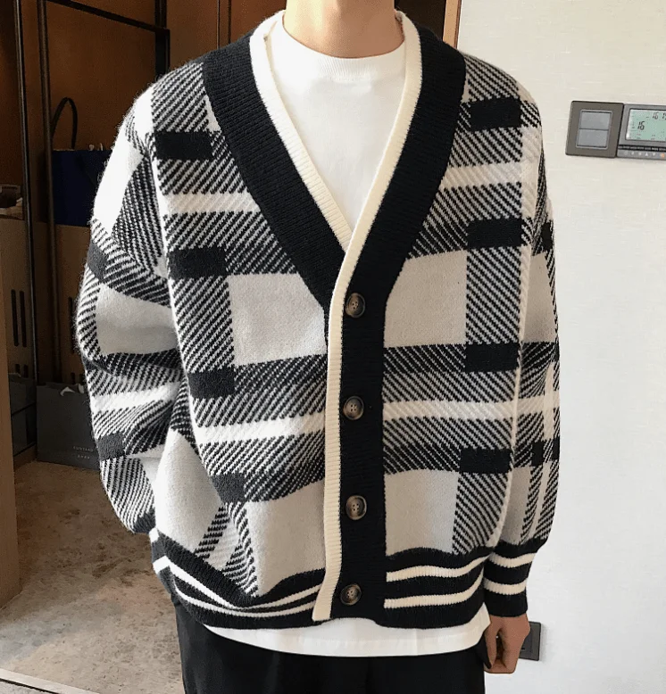 RT No. 4261 KNITTED PLAID CARDIGAN