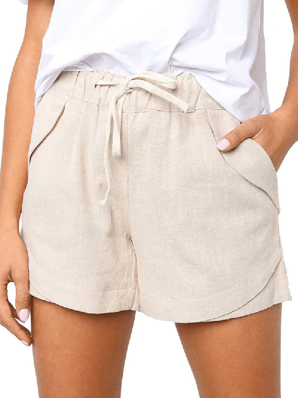 Solid Color Drawstring Waist Pocket Casual Shorts for Women