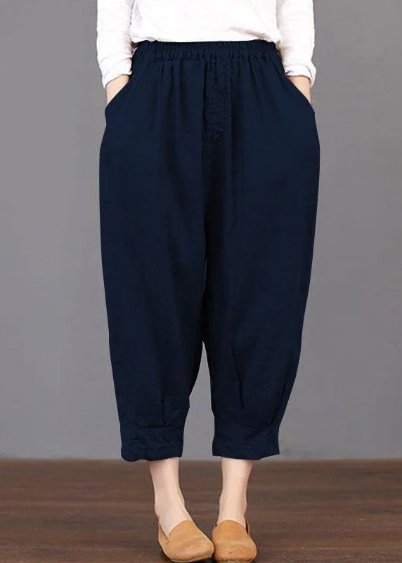 Women Solid Color Elastic Waist Loose Cotton Pants