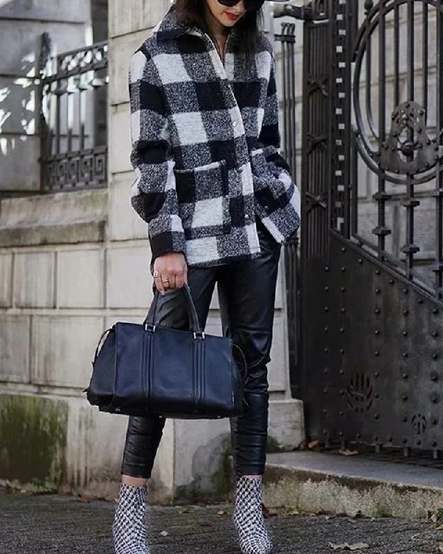 Black And White Grid Single-breasted Shirt Style Cardigan Coat