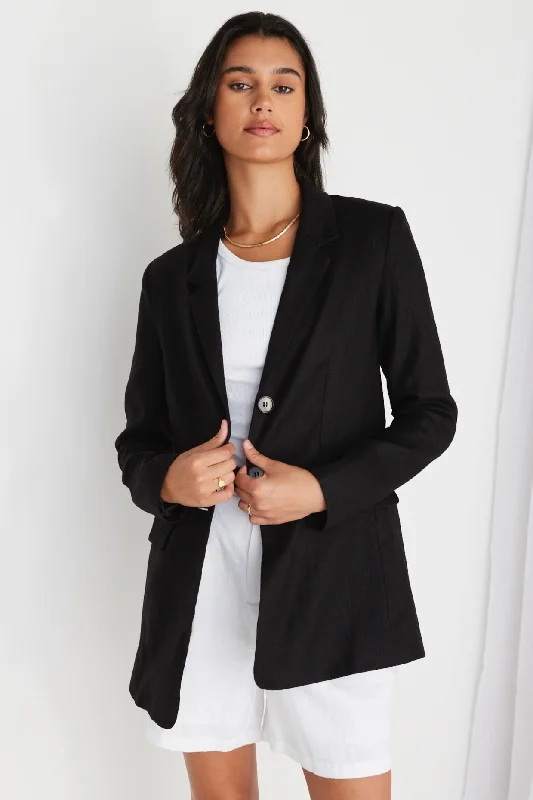 Aster Black Linen Single Breasted Longline Blazer