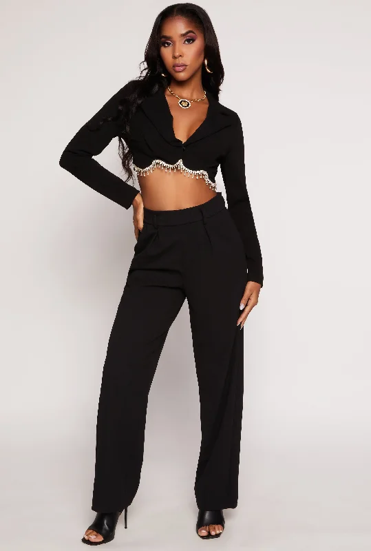 Rhinestone Fringe Trim Cropped Blazer