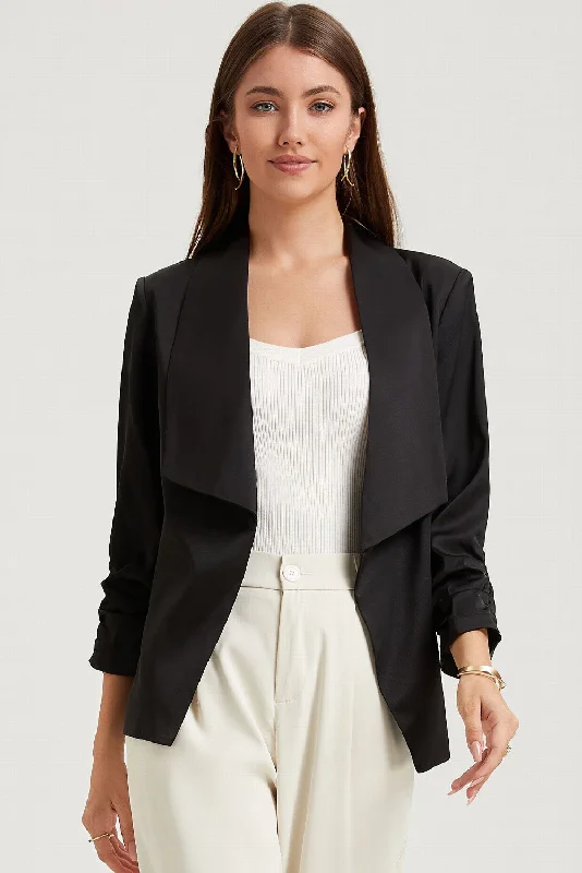 Black Solid Lapel Collar Satin Blazer