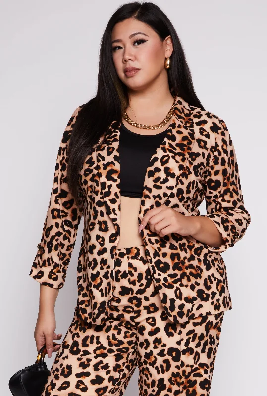 Plus Size Leopard Print Open Front Blazer