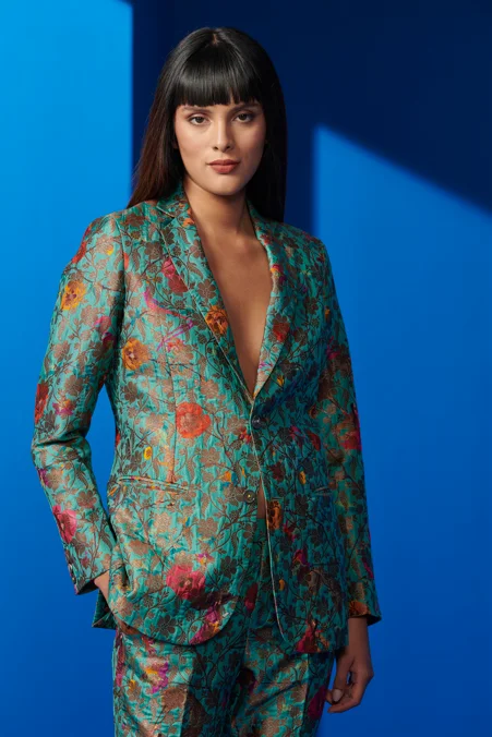 Rana Blazer Silk Brocade Aqua