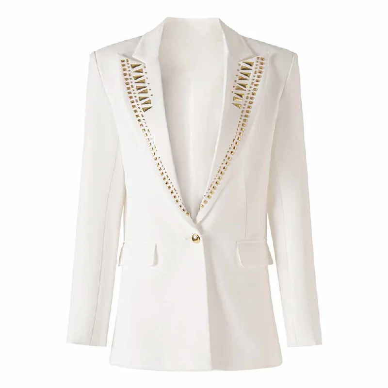 Women's Single-Breasted Studded Blazer White Coat