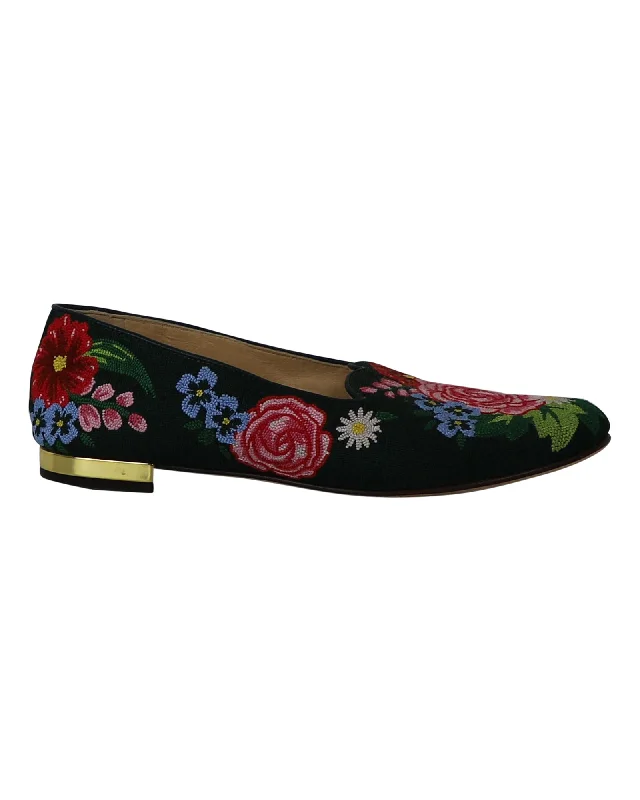 Charlotte Olympia Rose Garden Floral Embroidered Flats in Green Fabric